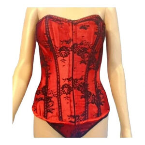 Red with Black Lace Detail Corset, Women's Lingerie, high-end lace up